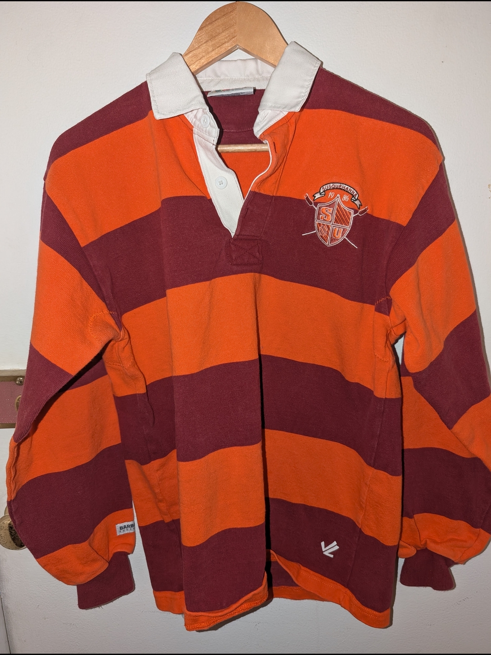 Striped Orange and Burgundy Rugby Shirt with Susquehanna University Crest